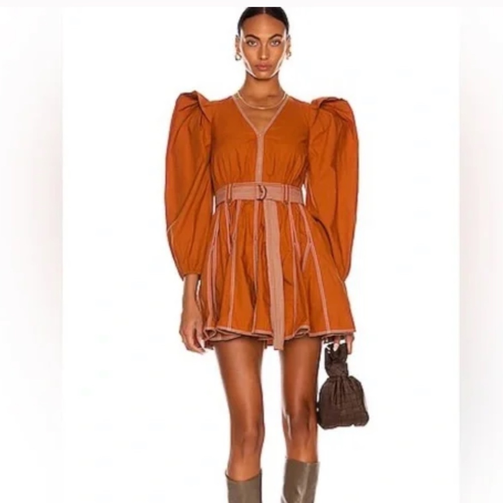 Ulla Johnson Burnt Orange Corliss Dress Sumac Puff Sleeve Belted Cotton Size 2